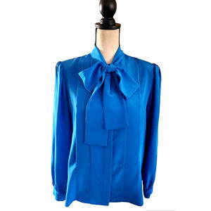 Vintage 80's Lloyd Williams Royal Blue Silky Polyester Tie Front Blouse Top Sz 6